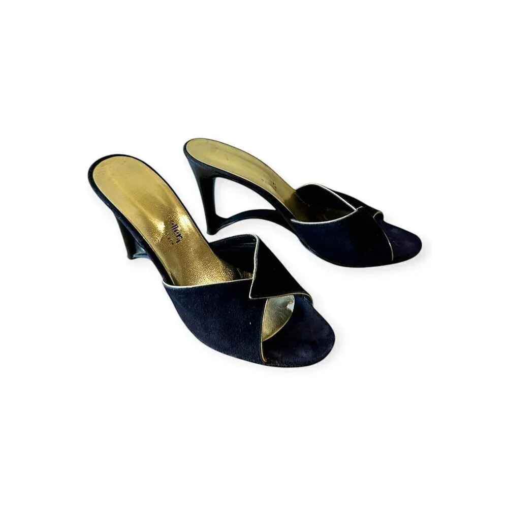 Andrew Geller Black Suede Gold‎ Trim Cutout Wededge Sandals, Vintage,